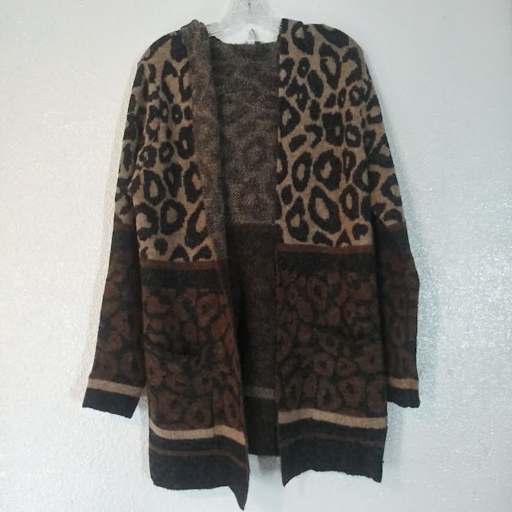 Denim & Company women's size M brown, black and tan animal cardigan sweater